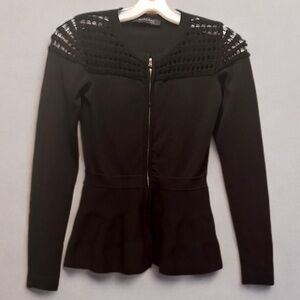 Women’s Black Long Sleeve Sweater Zip Front Mesh Shoulder Detail Size Jr. 1